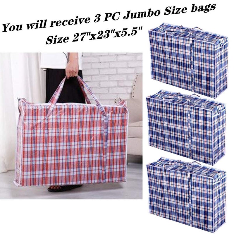 TSY TOOL Set of 6 Large & Jumbo Plastic Checkered Laundry Bags with Zipper and Handles for Travel, Laundry, Shopping, Storage, Moving,Size:(27"x23"x5.5") and (19"x19"x4") - Color may vary - Image 2